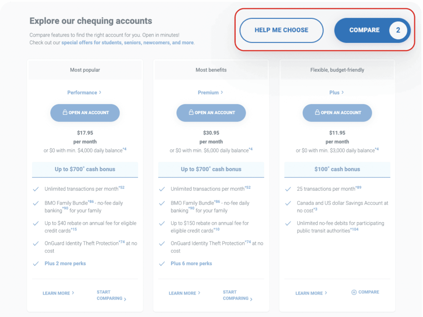 BMO chequing-account listing with three account cards and comparison controls