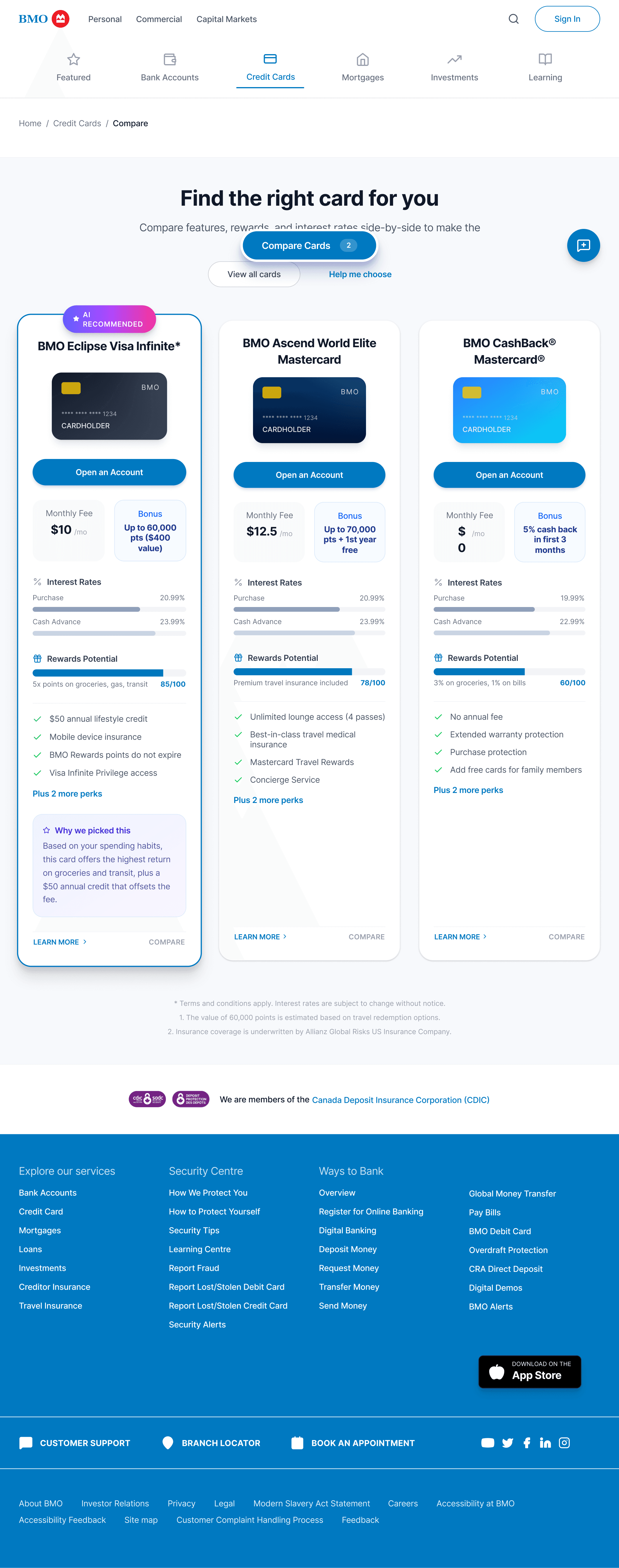 Concept for a BMO credit-card comparison page that places differentiators and a recommendation rationale directly on each card