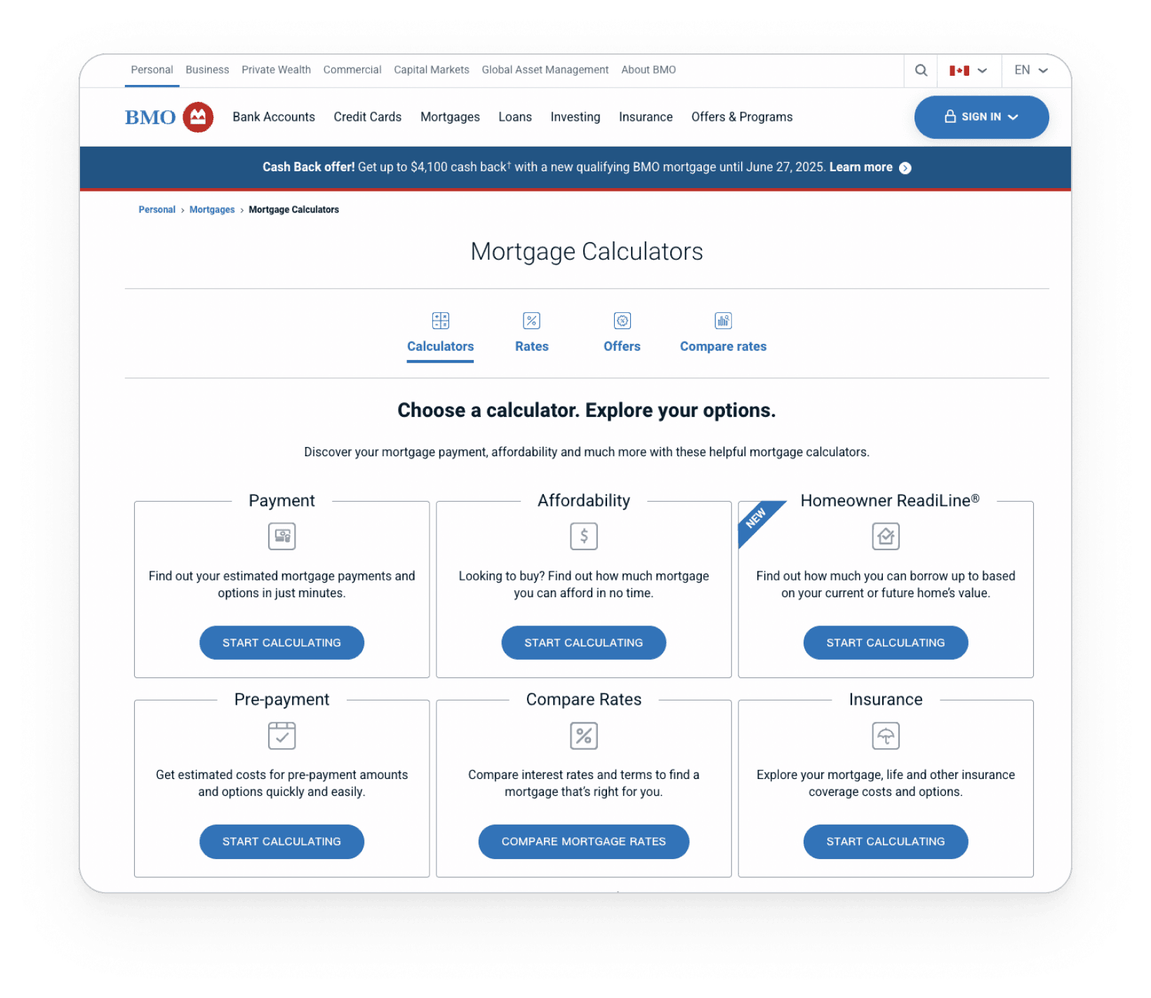 BMO mortgage tools page presenting payment, affordability, pre-payment, rate comparison, and insurance options