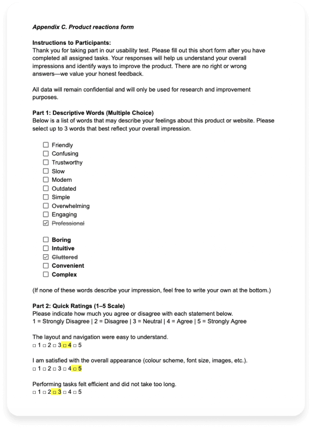 An anonymized completed product reaction form with professional and cluttered selected together