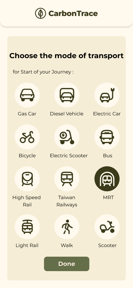 CarbonTrace screen for choosing a labeled transportation mode from a three-column grid