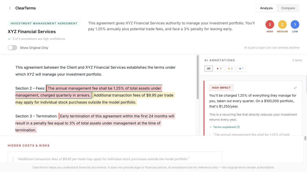 An expanded ClearTerms annotation explaining an annual management fee and quoting its source clause