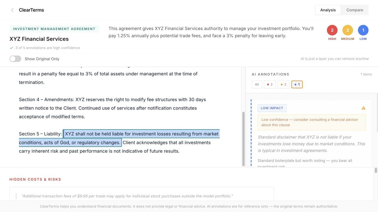 A low-confidence ClearTerms annotation with a warning to consider consulting a financial advisor