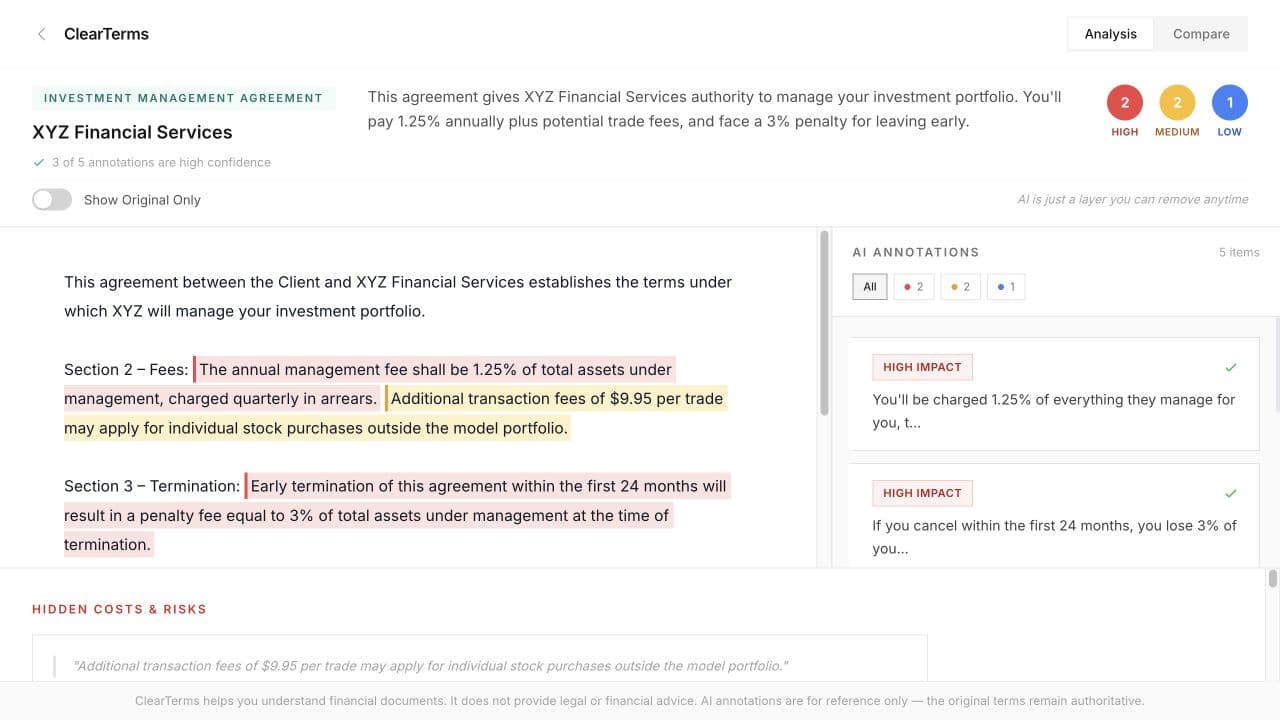 ClearTerms analysis view showing the original agreement beside colour-coded AI annotations