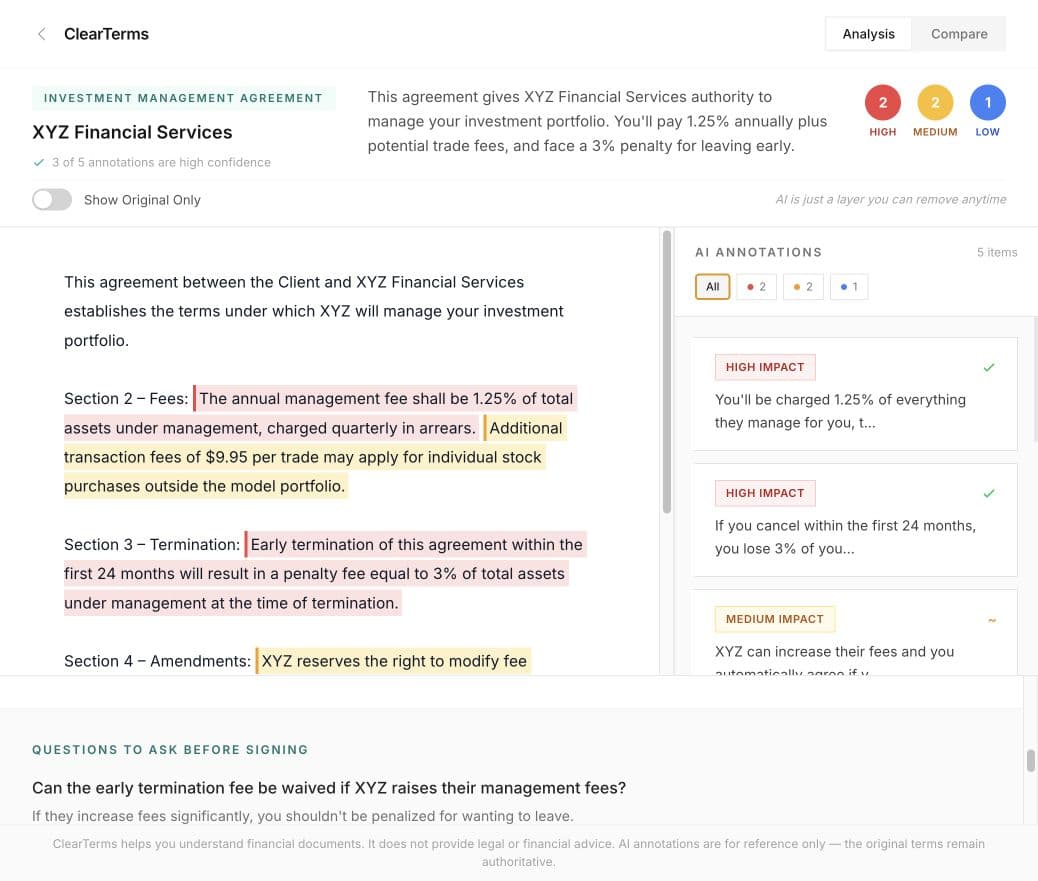 ClearTerms Questions to Ask feature showing questions generated from specific agreement sections